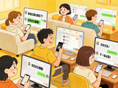 球迷社区互动场景插图，展示球迷在线聊天与发表评论